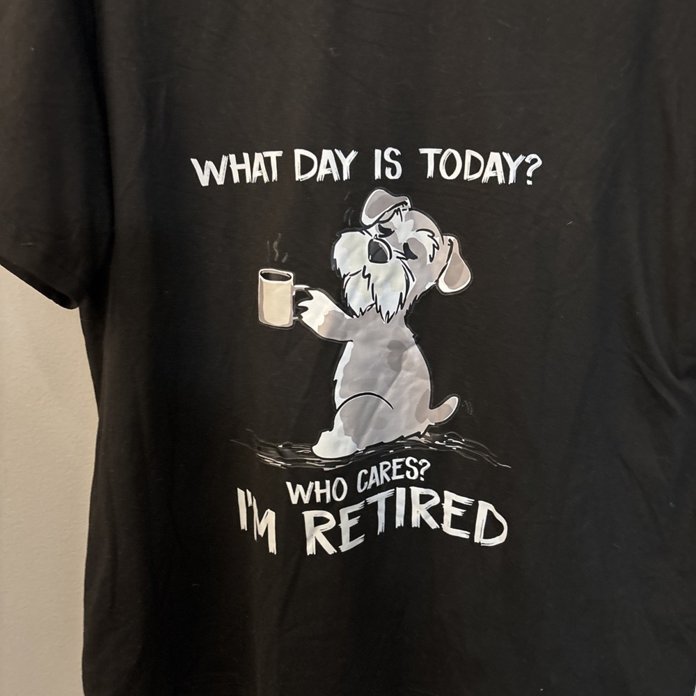 Schnauzer With Coffee Graphic Print Retired Saying Black Short Sleeve T-shirt XL - Picture 2 of 5